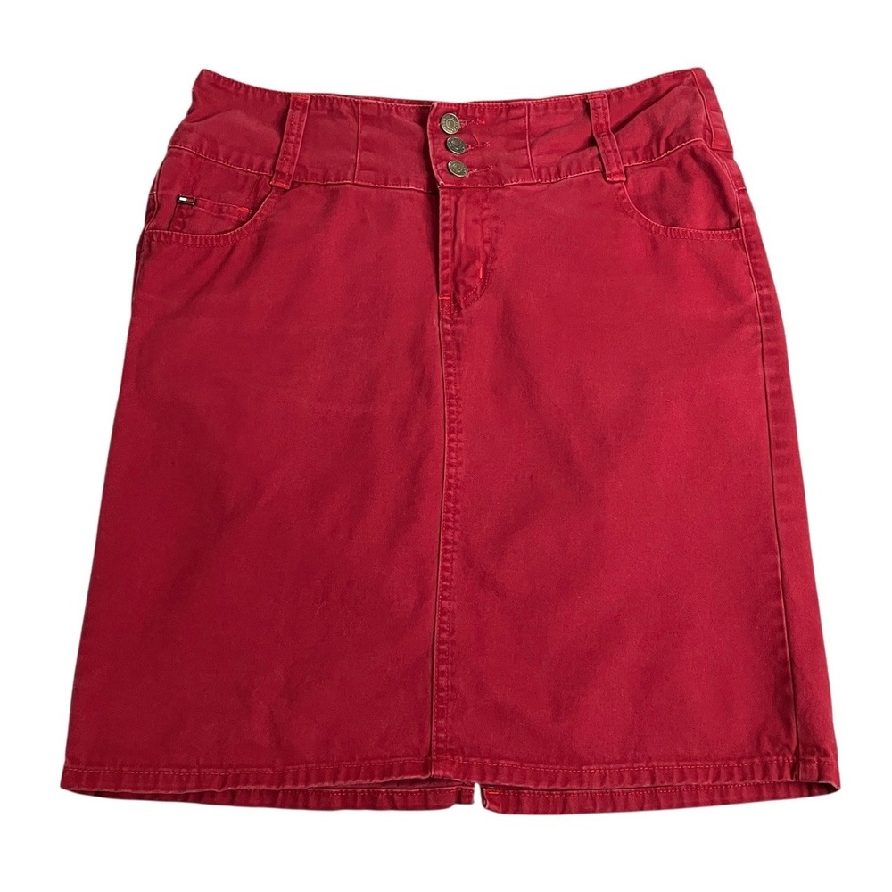 Vintage Y2K Tommy Hilfiger Pencil Skirt Womens L Red Pockets Preppy Logo Cotton